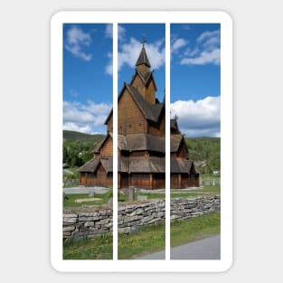 Medieval graveyard and Heddal wooden stave church. Heddal Stavkirke, 13th century. Largest stave church in Norway. Sunny spring day (vertical) Sticker